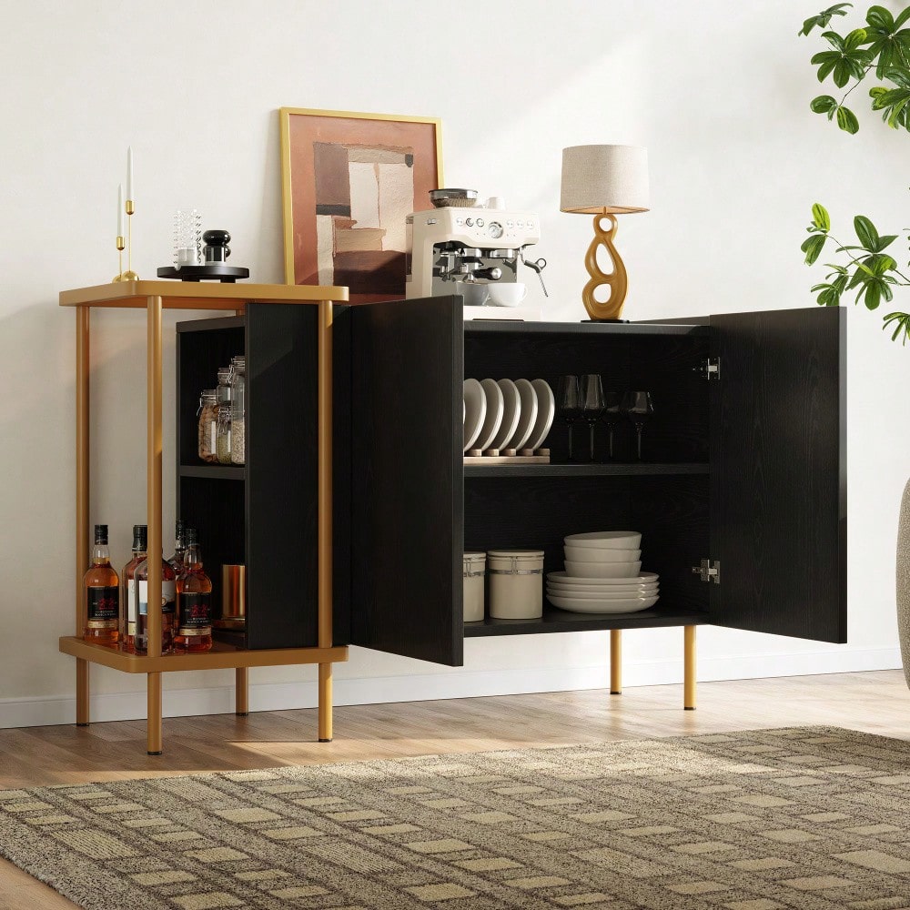 Modernes Sideboard 120x40x77 cm in Schwarz | Mit 2 Türen & 2 offenen Fächern | Inkl. Glas-Couchtisch mit Metallgestell