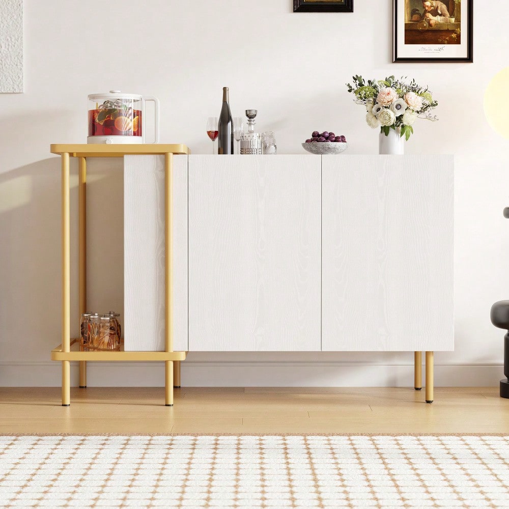 Modernes Sideboard 120x40x77 cm in Weiß | Mit 2 Türen & 2 offenen Fächern | Inkl. Glas-Couchtisch mit Metallgestell