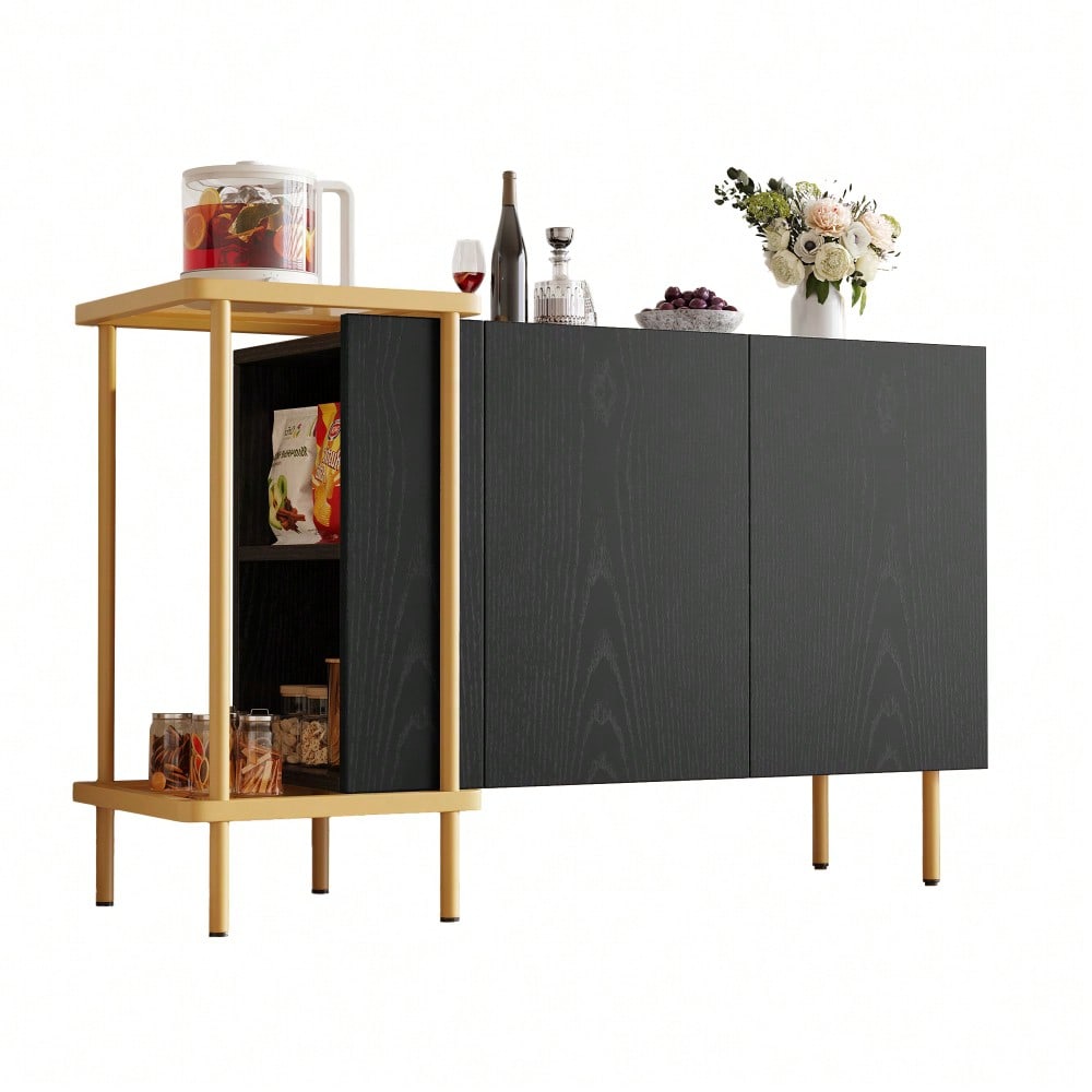 Modernes Sideboard 120x40x77 cm in Schwarz | Mit 2 Türen & 2 offenen Fächern | Inkl. Glas-Couchtisch mit Metallgestell