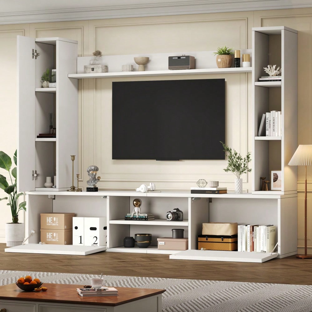 TV-Komplettset Mediawand 180x35x33 cm mit Vitrine (4-tlg.) | Inkl. TV-Board, Standregal & 2 Wandregale | Für TV bis 80 Zoll (203 cm) | Montageflexibel in Weiß