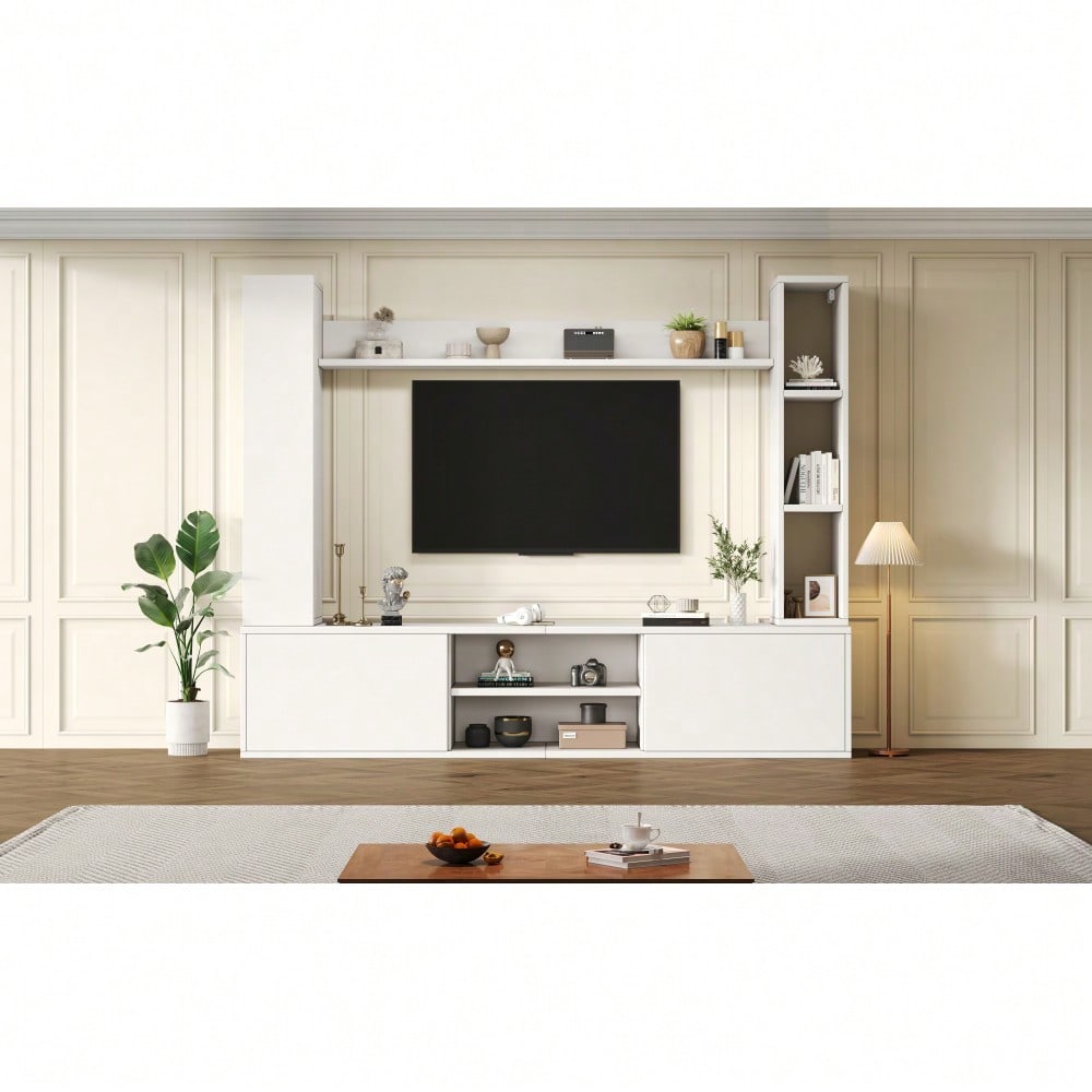 TV-Komplettset Mediawand 180x35x33 cm mit Vitrine (4-tlg.) | Inkl. TV-Board, Standregal & 2 Wandregale | Für TV bis 80 Zoll (203 cm) | Montageflexibel in Weiß