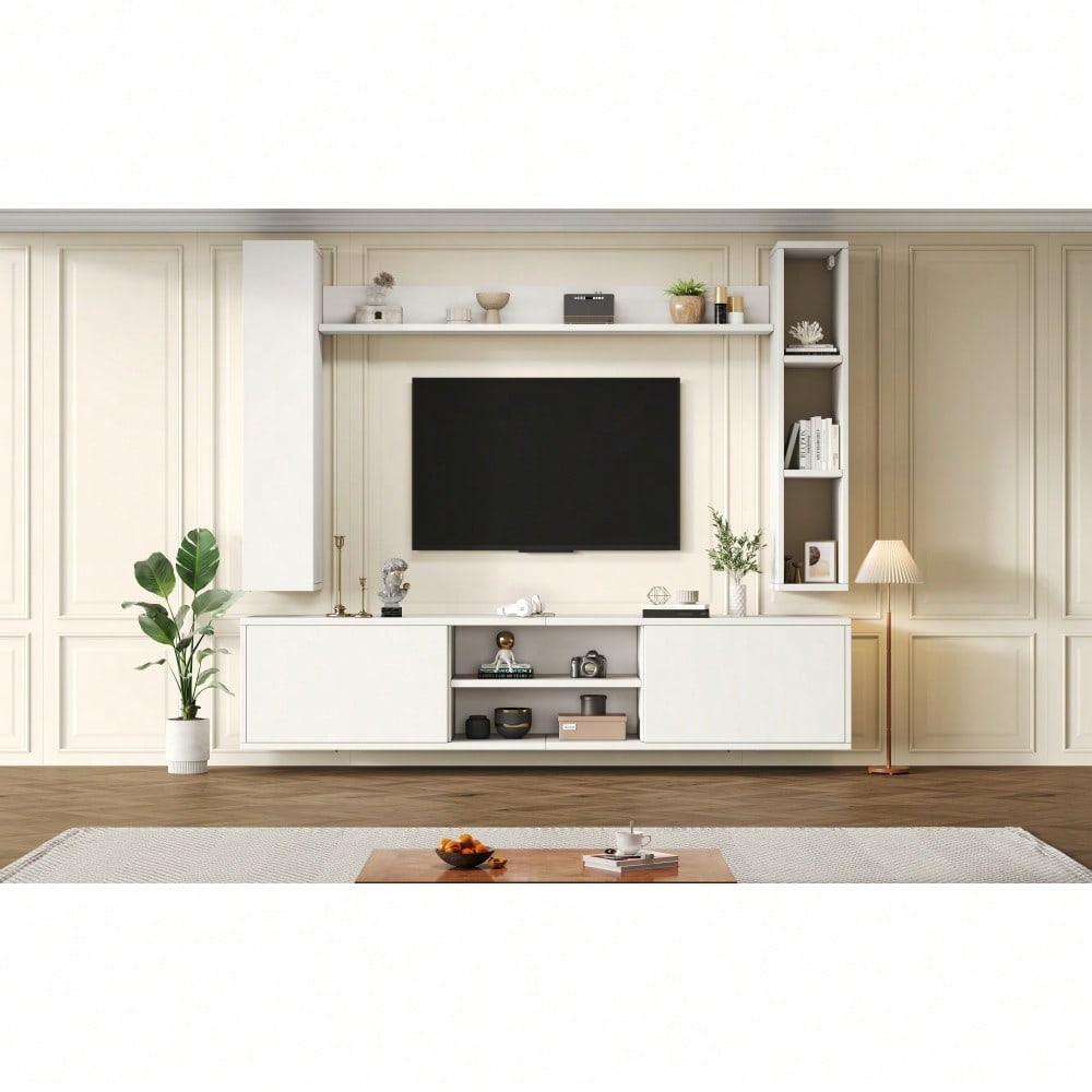 TV-Komplettset Mediawand 180x35x33 cm mit Vitrine (4-tlg.) | Inkl. TV-Board, Standregal & 2 Wandregale | Für TV bis 80 Zoll (203 cm) | Montageflexibel in Weiß