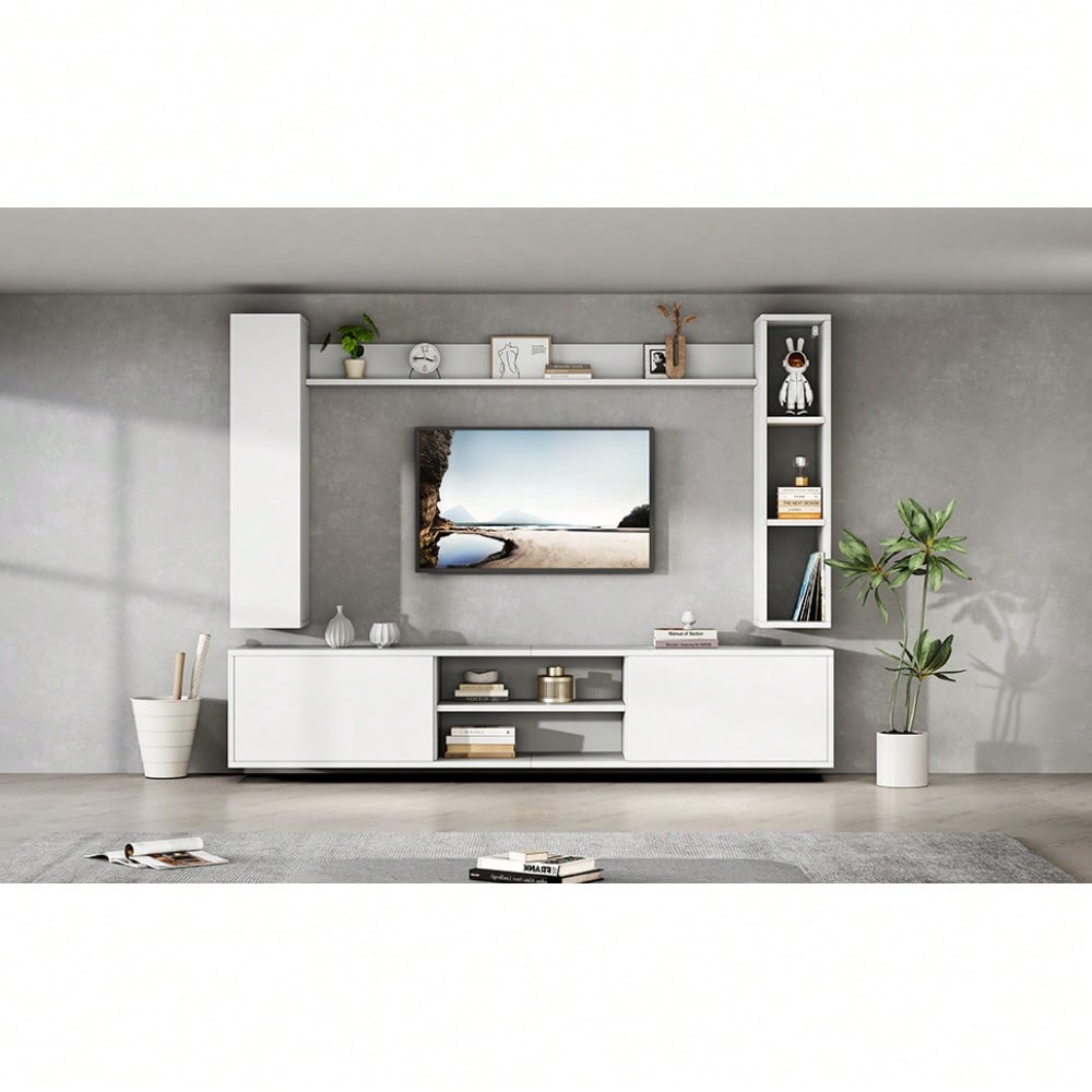TV-Komplettset Mediawand 180x35x33 cm mit Vitrine (4-tlg.) | Inkl. TV-Board, Standregal & 2 Wandregale | Für TV bis 80 Zoll (203 cm) | Montageflexibel in Weiß