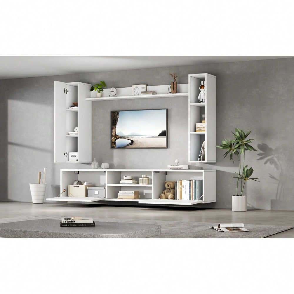 TV-Komplettset Mediawand 180x35x33 cm mit Vitrine (4-tlg.) | Inkl. TV-Board, Standregal & 2 Wandregale | Für TV bis 80 Zoll (203 cm) | Montageflexibel in Weiß