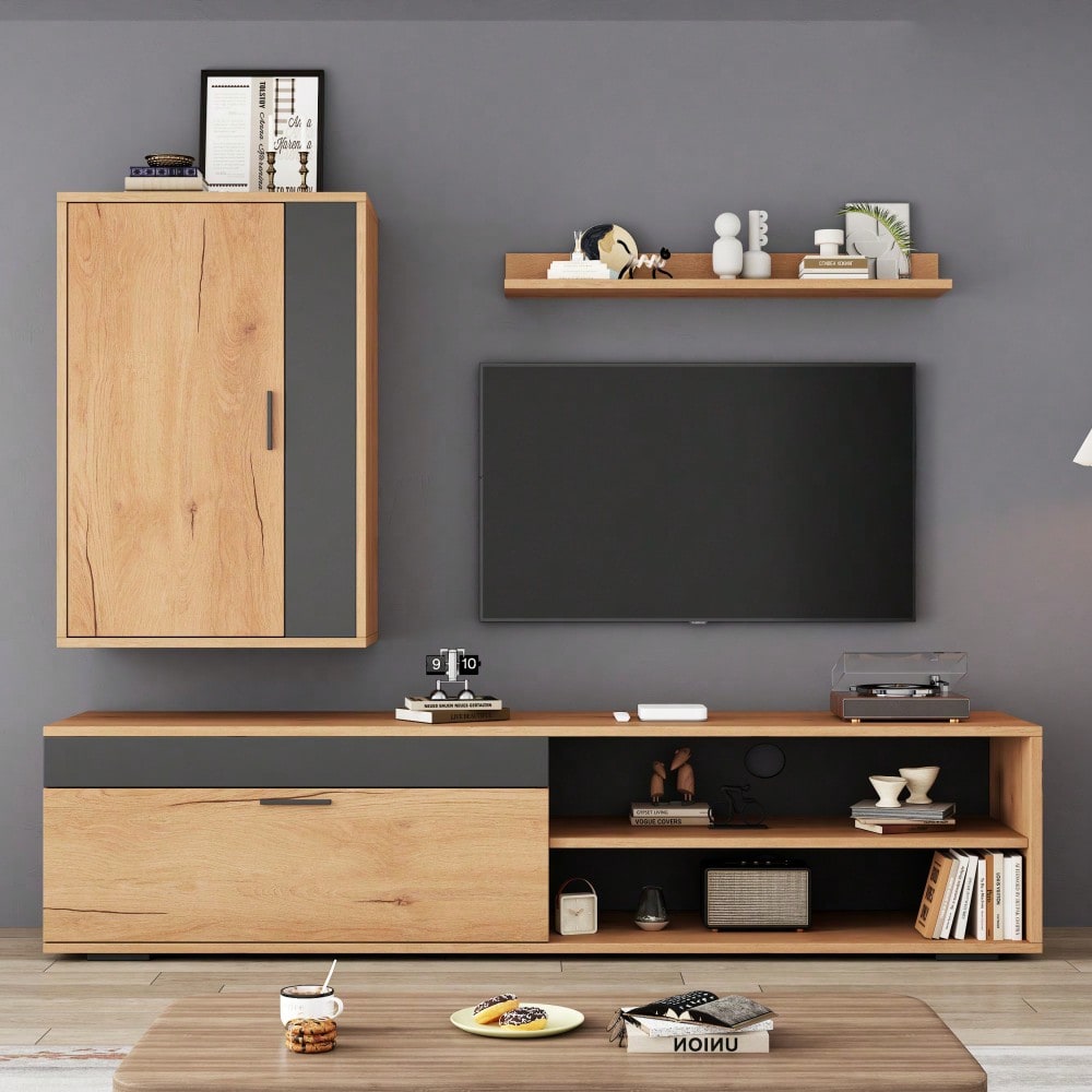 TV-Komplettset Mediawand 140x35x39 cm | Inkl. TV-Board, Standregal & Wandregal (3-tlg.) | Moderner TV-Schrank in Holzoptik & Schwarz | Montageflexibel (stehend & hängend)