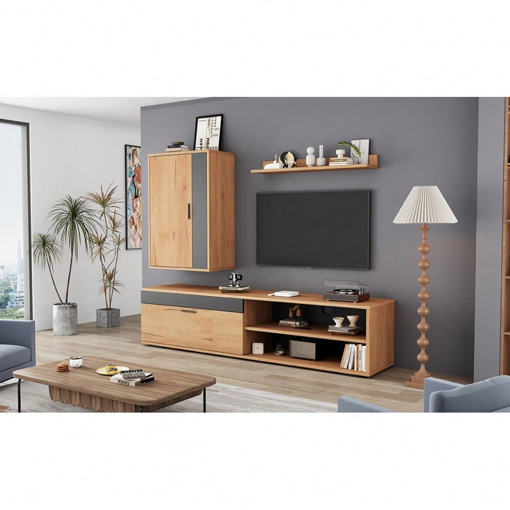 TV-Komplettset Mediawand 140x35x39 cm | Inkl. TV-Board, Standregal & Wandregal (3-tlg.) | Moderner TV-Schrank in Holzoptik & Schwarz | Montageflexibel (stehend & hängend)