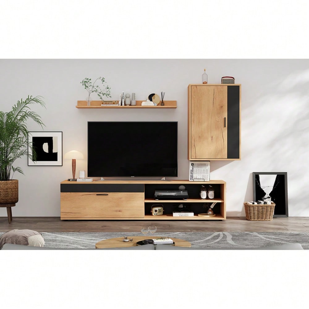 TV-Komplettset Mediawand 140x35x39 cm | Inkl. TV-Board, Standregal & Wandregal (3-tlg.) | Moderner TV-Schrank in Holzoptik & Schwarz | Montageflexibel (stehend & hängend)