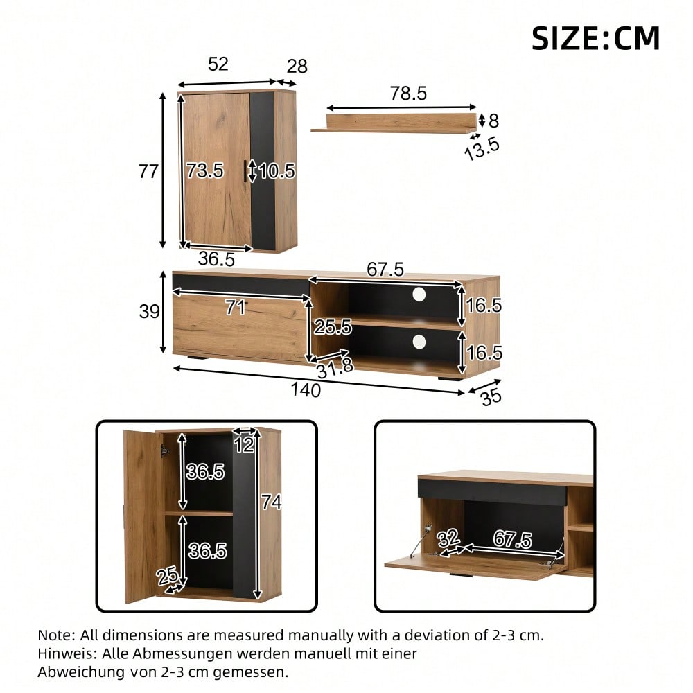 TV-Komplettset Mediawand 140x35x39 cm | Inkl. TV-Board, Standregal & Wandregal (3-tlg.) | Moderner TV-Schrank in Holzoptik & Schwarz | Montageflexibel (stehend & hängend)