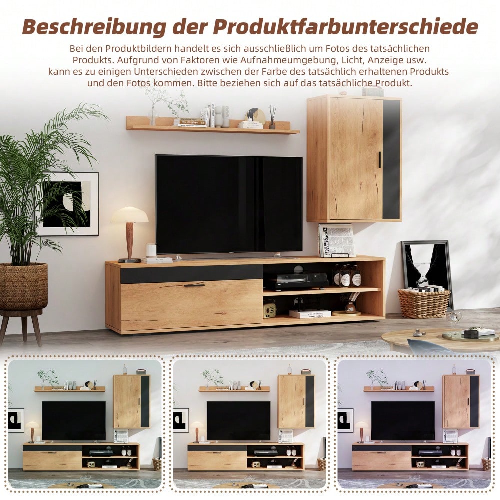 TV-Komplettset Mediawand 140x35x39 cm | Inkl. TV-Board, Standregal & Wandregal (3-tlg.) | Moderner TV-Schrank in Holzoptik & Schwarz | Montageflexibel (stehend & hängend)