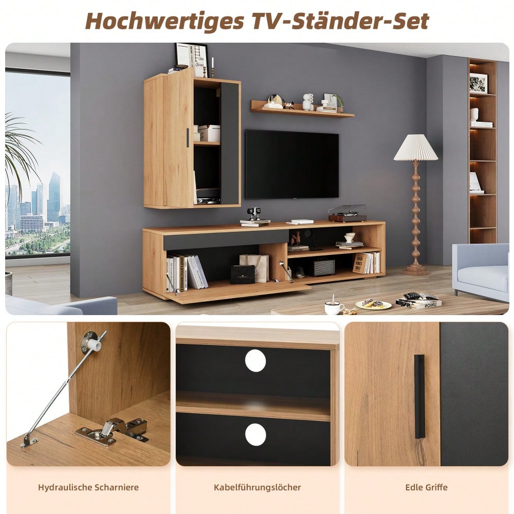 TV-Komplettset Mediawand 140x35x39 cm | Inkl. TV-Board, Standregal & Wandregal (3-tlg.) | Moderner TV-Schrank in Holzoptik & Schwarz | Montageflexibel (stehend & hängend)