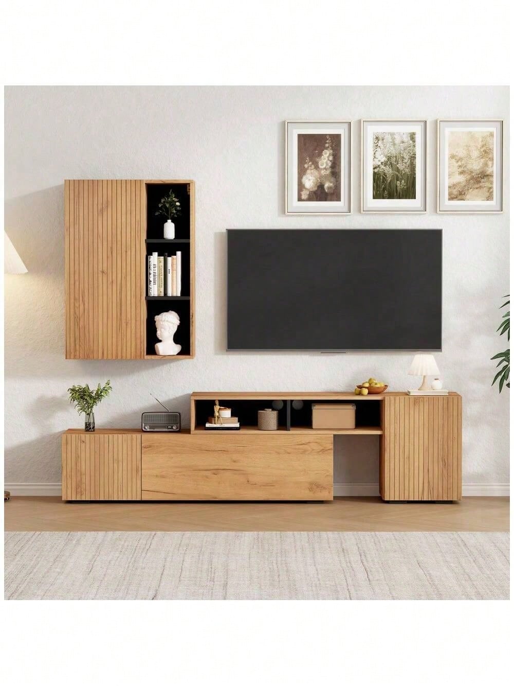 TV-Komplettset mit Vitrine & TV-Board | Mediawand bis 265 cm flexibel & montageflexibel | Für TV-Geräte bis 120 Zoll (305 cm) in Holzoptik & Schwarz