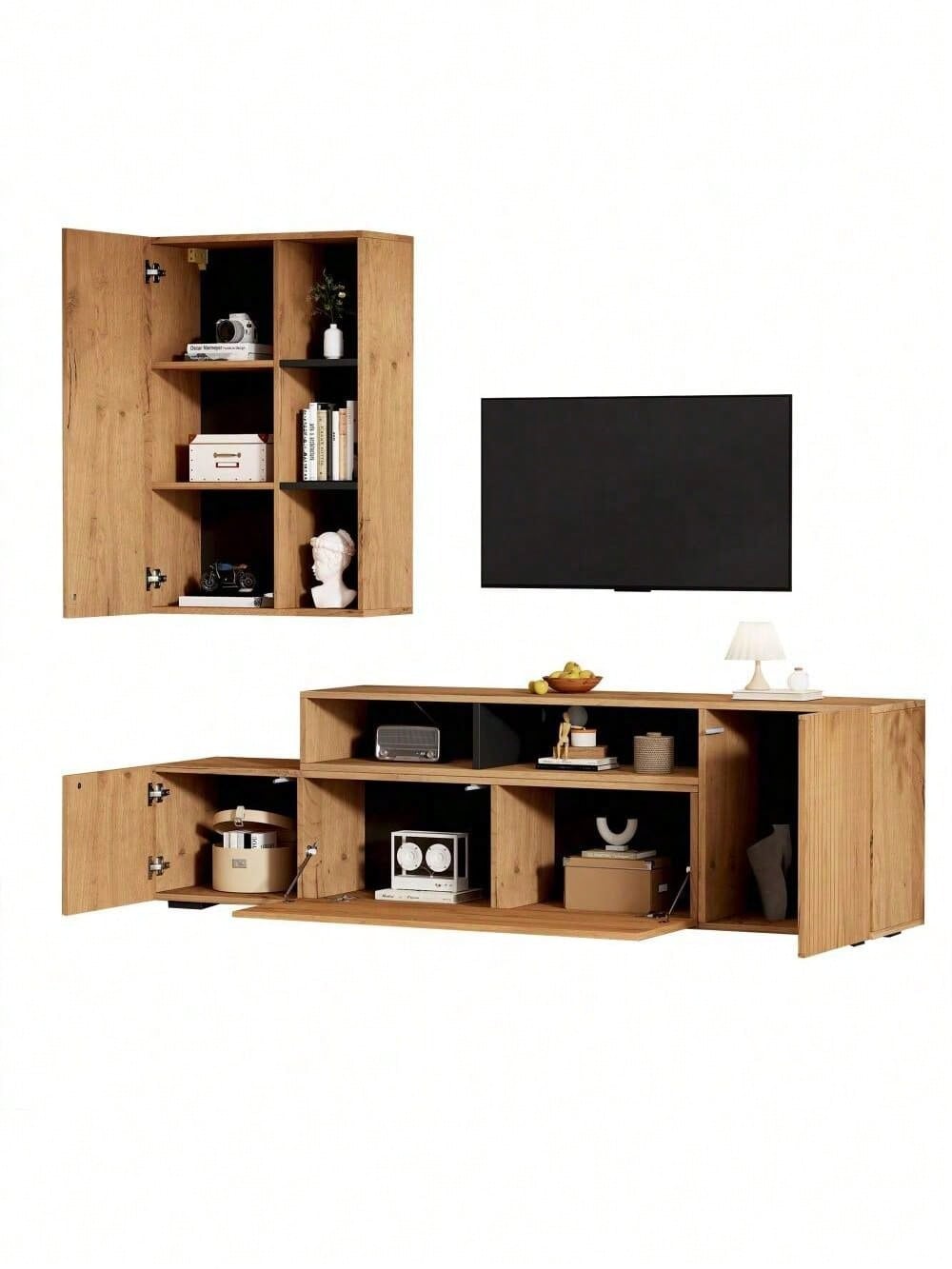 TV-Komplettset mit Vitrine & TV-Board | Mediawand bis 265 cm flexibel & montageflexibel | Für TV-Geräte bis 120 Zoll (305 cm) in Holzoptik & Schwarz