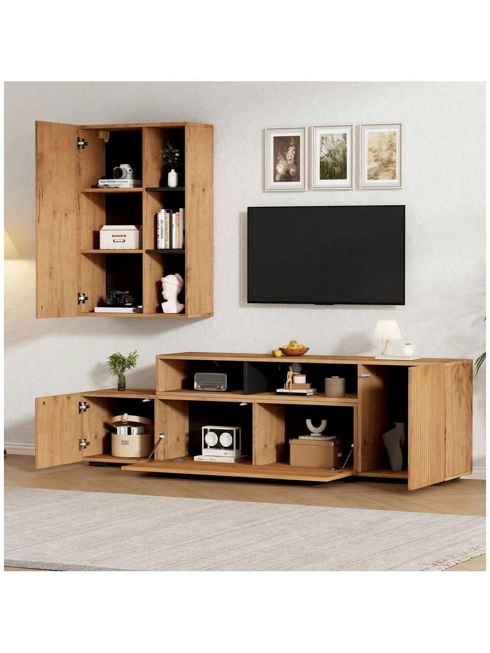 TV-Komplettset mit Vitrine & TV-Board | Mediawand bis 265 cm flexibel & montageflexibel | Für TV-Geräte bis 120 Zoll (305 cm) in Holzoptik & Schwarz