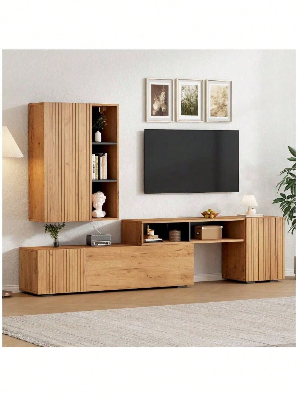 TV-Komplettset mit Vitrine & TV-Board | Mediawand bis 265 cm flexibel & montageflexibel | Für TV-Geräte bis 120 Zoll (305 cm) in Holzoptik & Schwarz