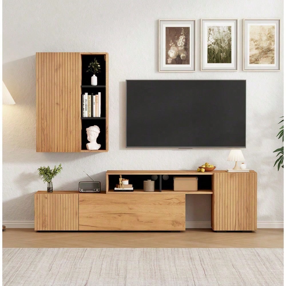 TV-Komplettset mit Vitrine & TV-Board | Mediawand bis 265 cm flexibel & montageflexibel | Für TV-Geräte bis 120 Zoll (305 cm) in Holzoptik & Schwarz