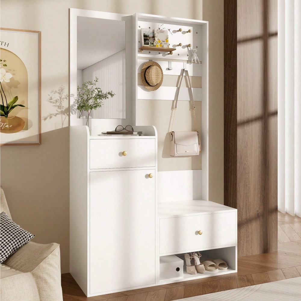 Kompaktgarderobe 105 cm mit Spiegel & verstellbaren Haken | Multifunktions-Regal für Schuhe & Mäntel | Elegante Eingangsgarderobe in Weiß