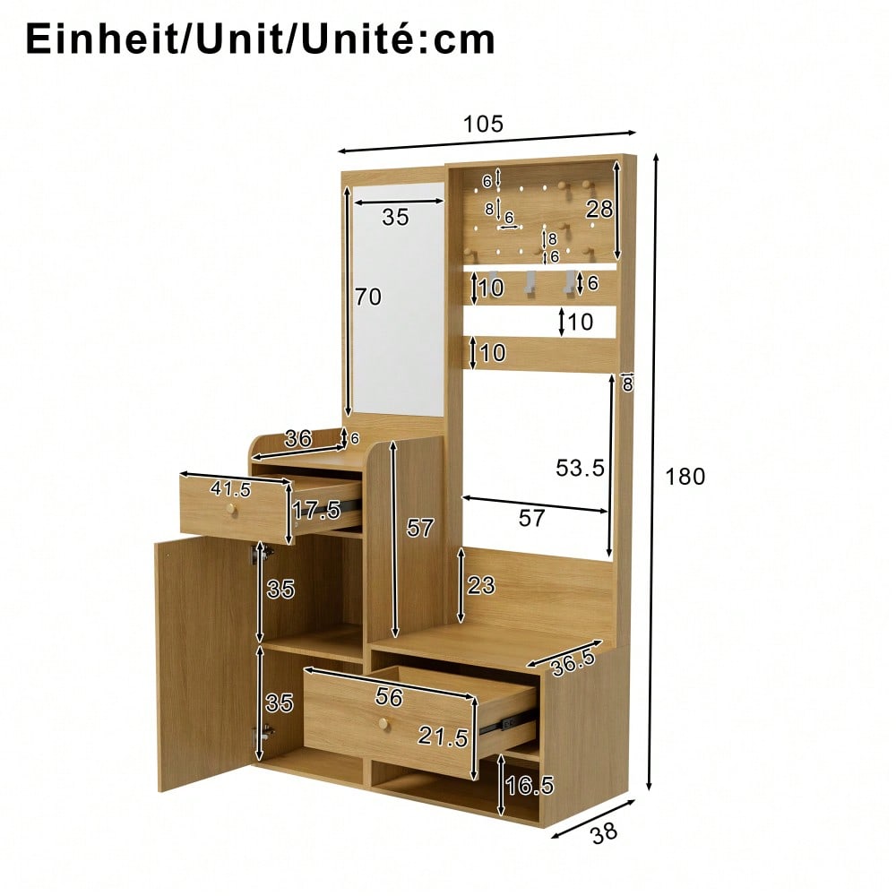 Kompaktgarderobe 105 cm mit Spiegel & verstellbaren Haken | Multifunktionales Eingangsregal für Schuhe & Mäntel | Holzoptik in Elegantem Design