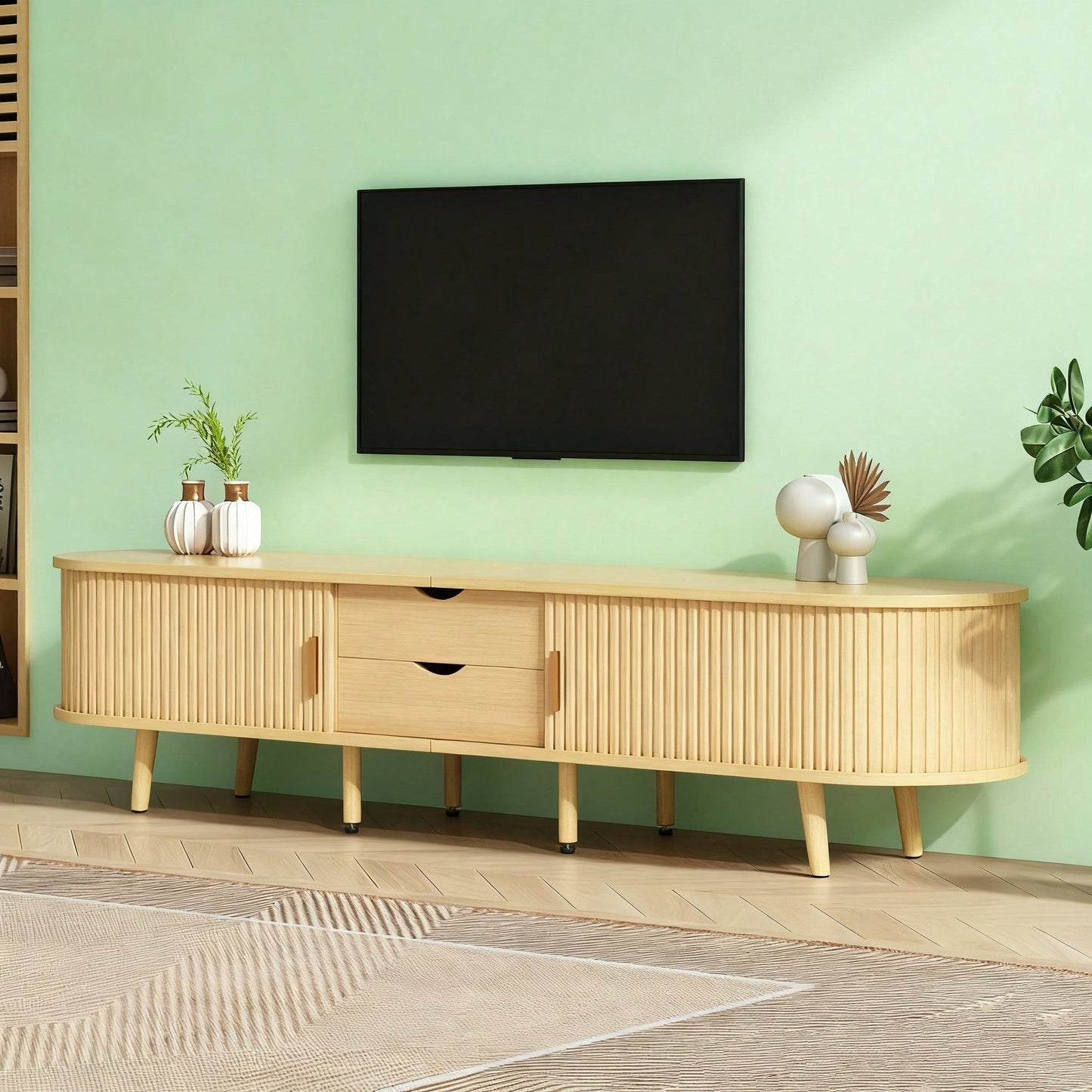 TV-Schrank 175x40x42 cm mit runder Tischplatte & 2 Schubladen | MDF-Holzmaserung mit 30 kg Belastbarkeit | Stauraum für Wohnzimmer