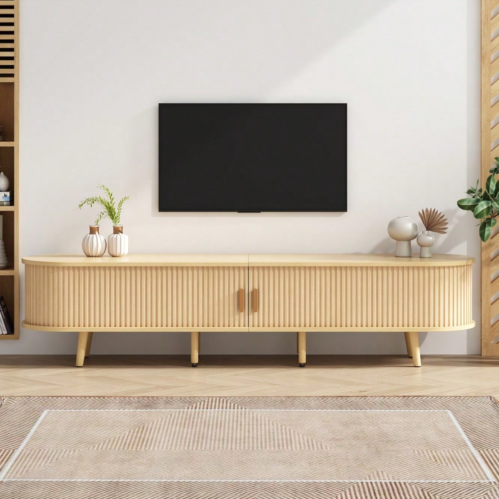 TV-Schrank 175x40x42 cm mit runder Tischplatte & 2 Schubladen | MDF-Holzmaserung mit 30 kg Belastbarkeit | Stauraum für Wohnzimmer