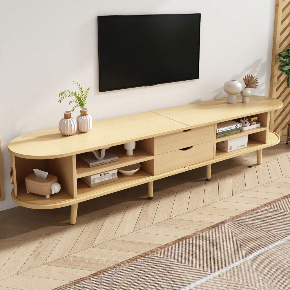 TV-Schrank 175x40x42 cm mit runder Tischplatte & 2 Schubladen | MDF-Holzmaserung mit 30 kg Belastbarkeit | Stauraum für Wohnzimmer