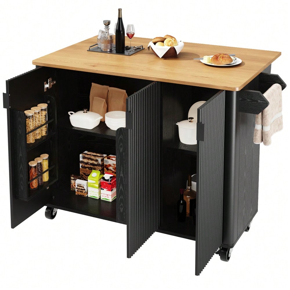 Kücheninsel 130x92 cm mit ausziehbarer Platte & 3 Türen | Mobil auf Rädern mit Gewürzregal & Handtuchhalter | In Holzoptik Weiß/Schwarz mit verstellbaren Trennwänden