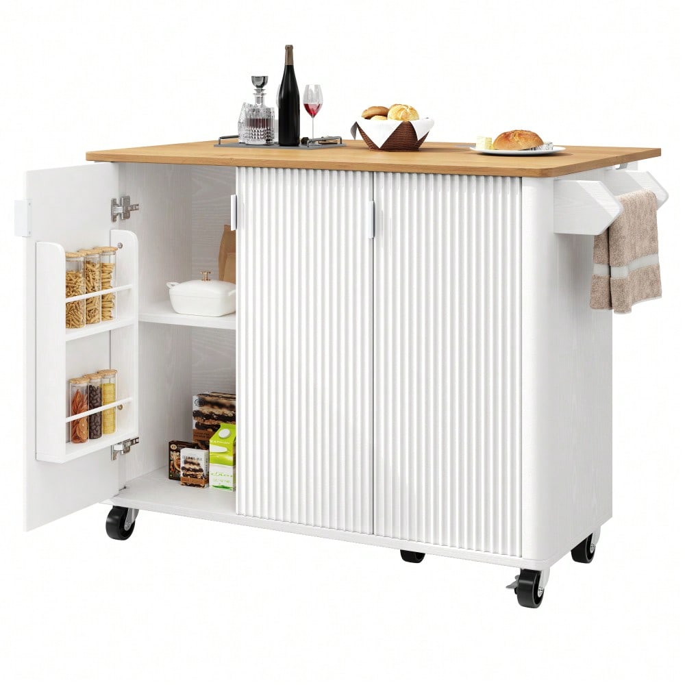 Kücheninsel 130x92 cm mit ausziehbarer Platte & 3 Türen | Mobil auf Rädern mit Gewürzregal & Handtuchhalter | In Holzoptik Weiß/Schwarz mit verstellbaren Trennwänden