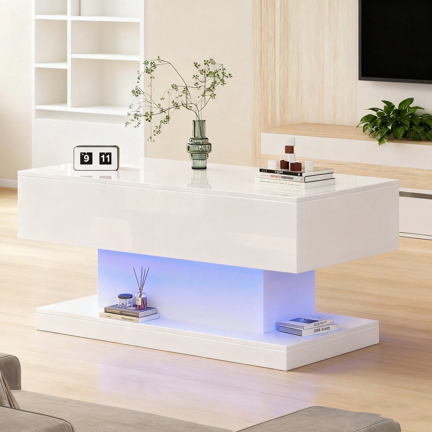 LED Couchtisch 100x50x45 cm mit Hydraulik-System & Hochglanz-Oberfläche | Halb anhebbar & seitlich verschiebbar mit LED-Beleuchtung | Inkl. Staufach