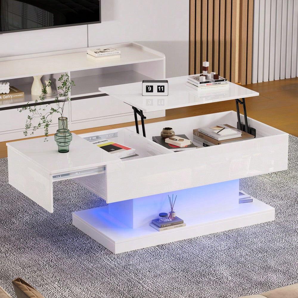 LED Couchtisch 100x50x45 cm mit Hydraulik-System & Hochglanz-Oberfläche | Halb anhebbar & seitlich verschiebbar mit LED-Beleuchtung | Inkl. Staufach