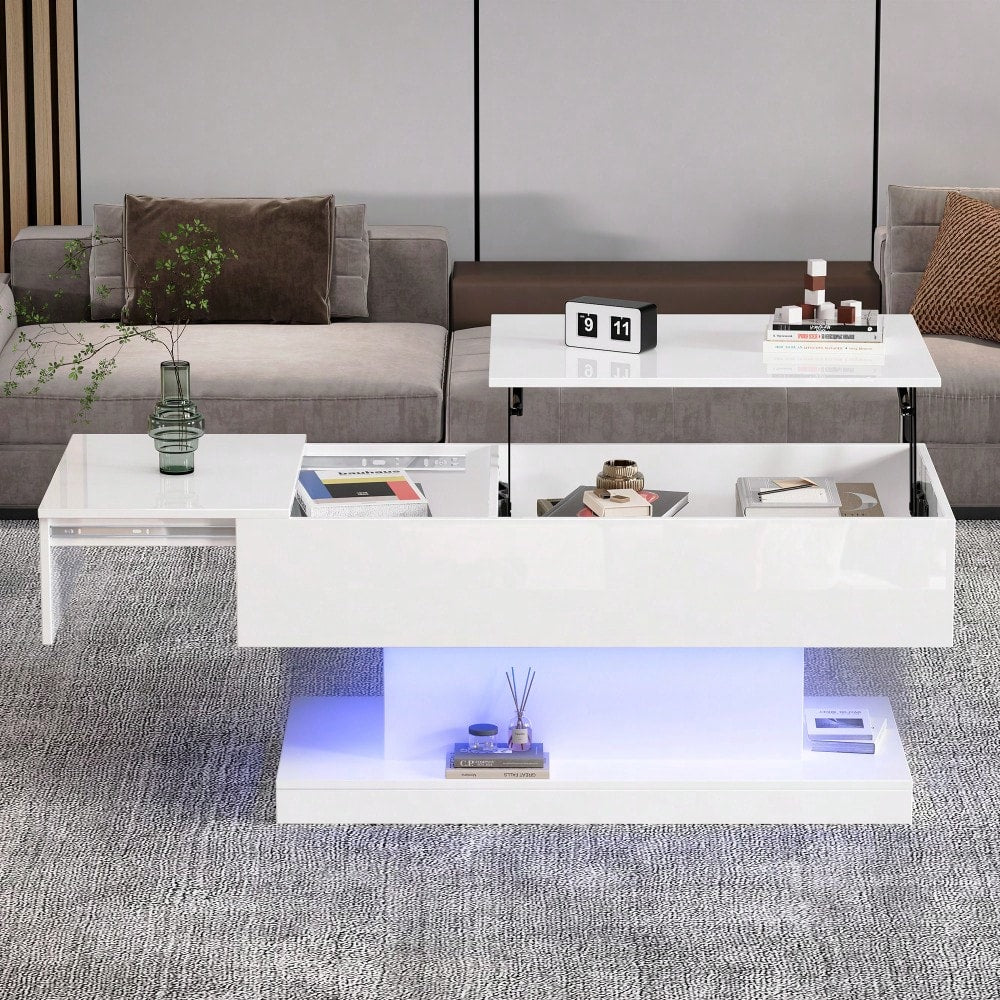 LED Couchtisch 100x50x45 cm mit Hydraulik-System & Hochglanz-Oberfläche | Halb anhebbar & seitlich verschiebbar mit LED-Beleuchtung | Inkl. Staufach