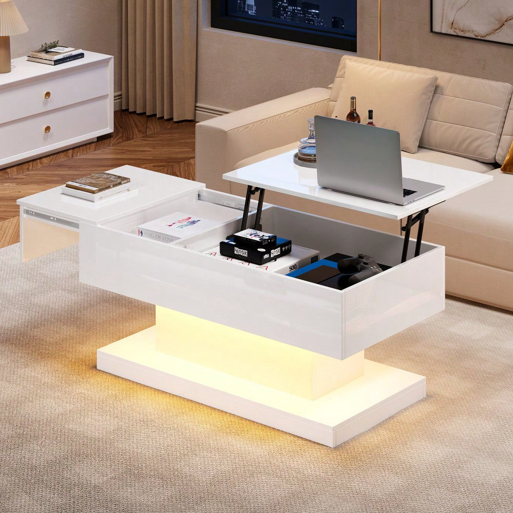 LED Couchtisch 100x50x45 cm mit Hydraulik-System & Hochglanz-Oberfläche | Halb anhebbar & seitlich verschiebbar mit LED-Beleuchtung | Inkl. Staufach