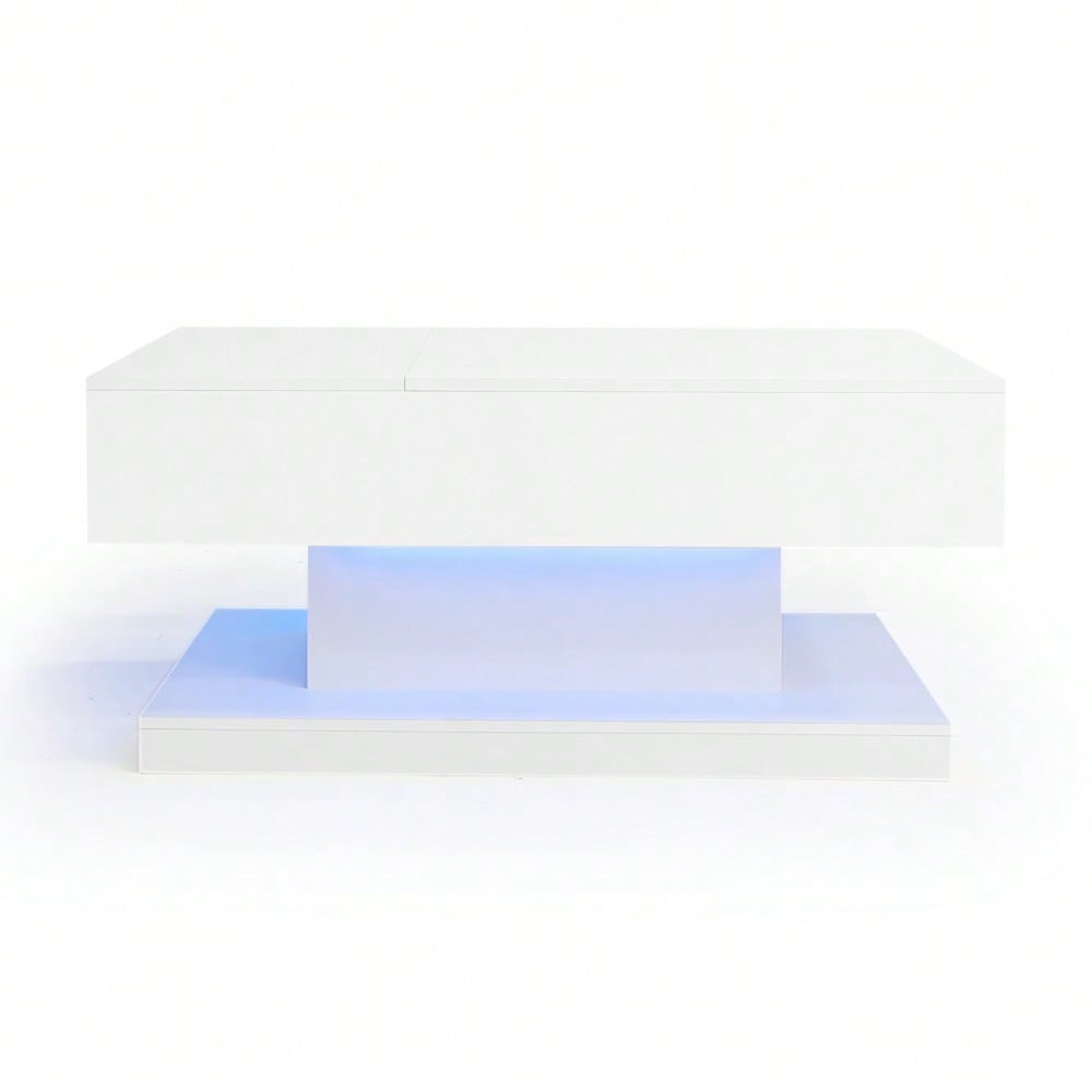 LED Couchtisch 100x50x45 cm mit Hydraulik-System & Hochglanz-Oberfläche | Halb anhebbar & seitlich verschiebbar mit LED-Beleuchtung | Inkl. Staufach