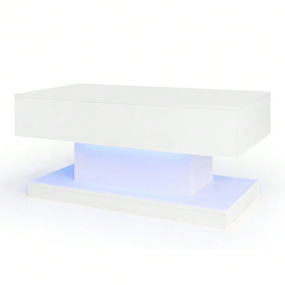 LED Couchtisch 100x50x45 cm mit Hydraulik-System & Hochglanz-Oberfläche | Halb anhebbar & seitlich verschiebbar mit LED-Beleuchtung | Inkl. Staufach