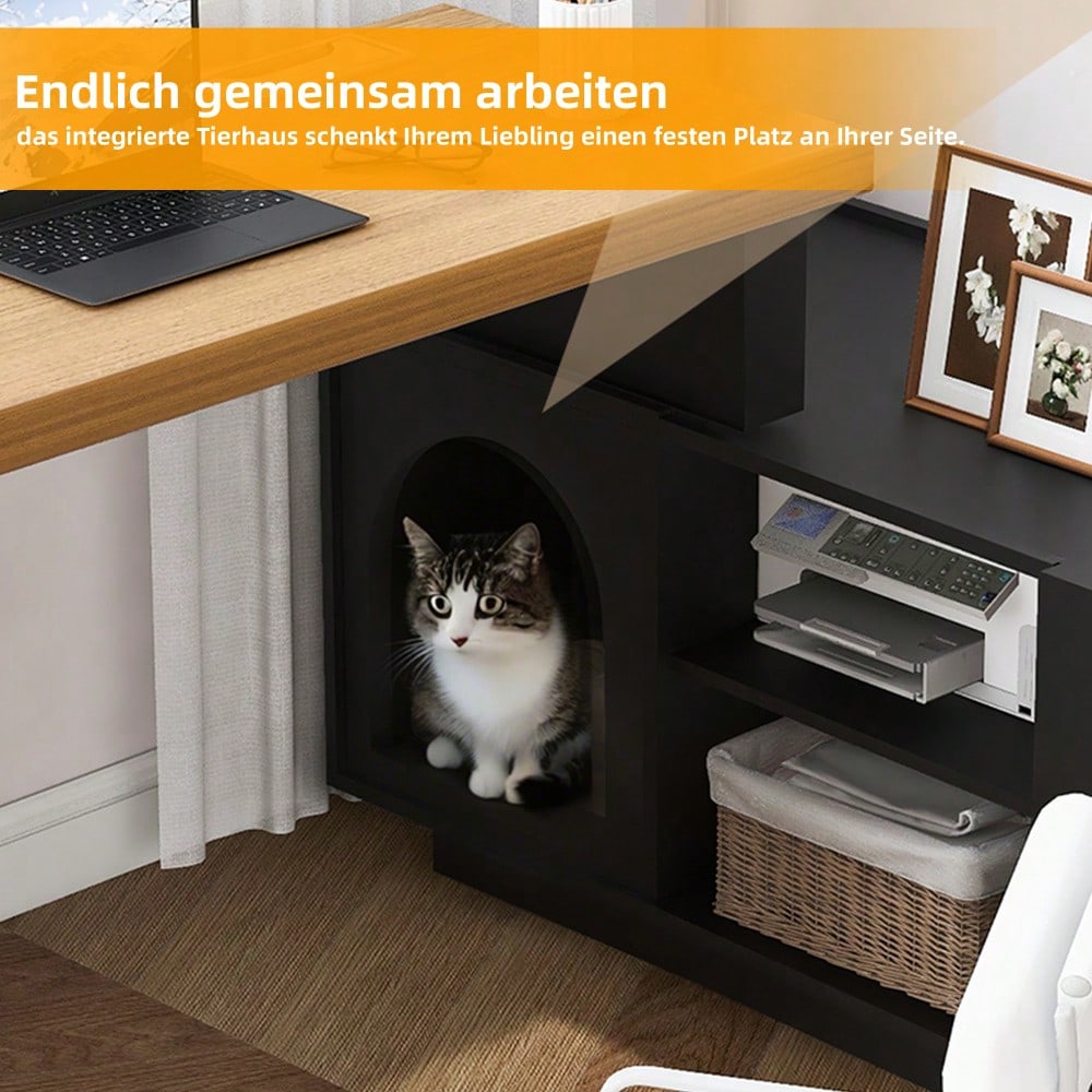 Eckschreibtisch 120x50 cm mit integriertem Tierhaus & XL-Höhle | L-förmig oder gerade montierbar | Mit verstärkter MDF-Platte für Homeoffice