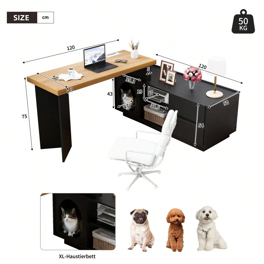 Eckschreibtisch 120x50 cm mit integriertem Tierhaus & XL-Höhle | L-förmig oder gerade montierbar | Mit verstärkter MDF-Platte für Homeoffice