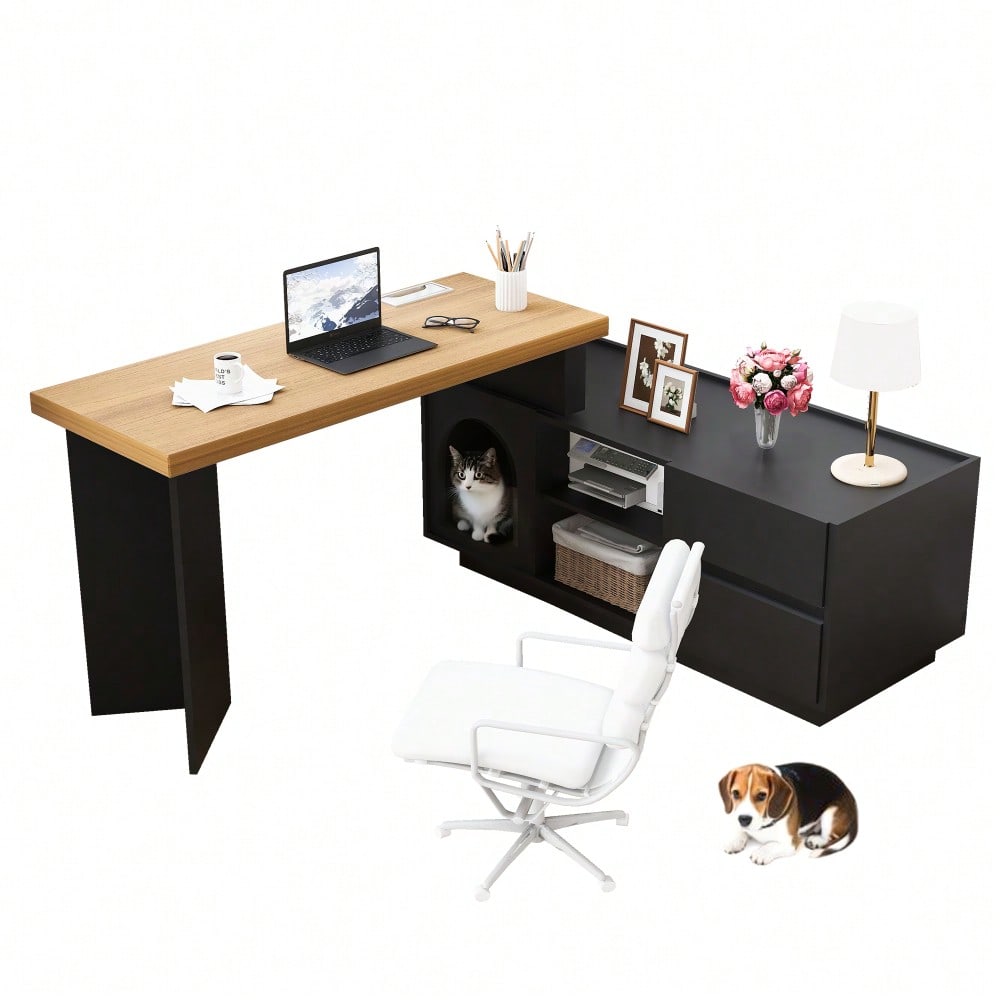 Eckschreibtisch 120x50 cm mit integriertem Tierhaus & XL-Höhle | L-förmig oder gerade montierbar | Mit verstärkter MDF-Platte für Homeoffice