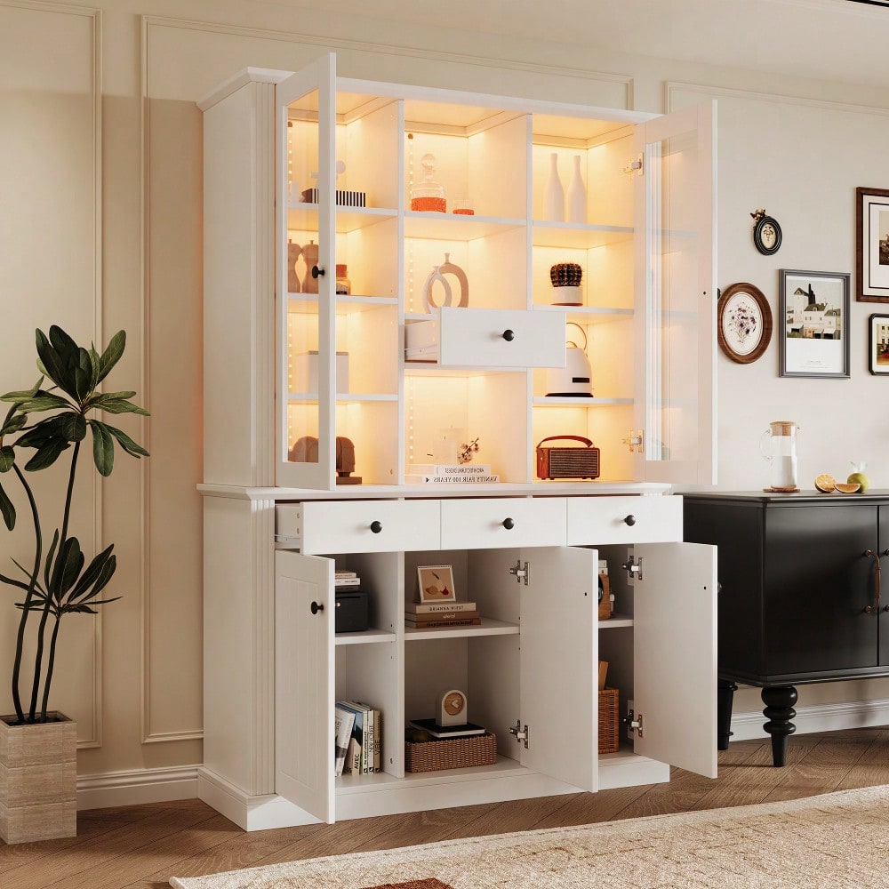 LED Vitrinenschrank 120x40x180 cm mit 16-Farben-Beleuchtung | Großschrank mit 4 Schubladen, 5 Türen & 21 Ablagefächern | Standvitrine aus MDF für Wohnzimmer