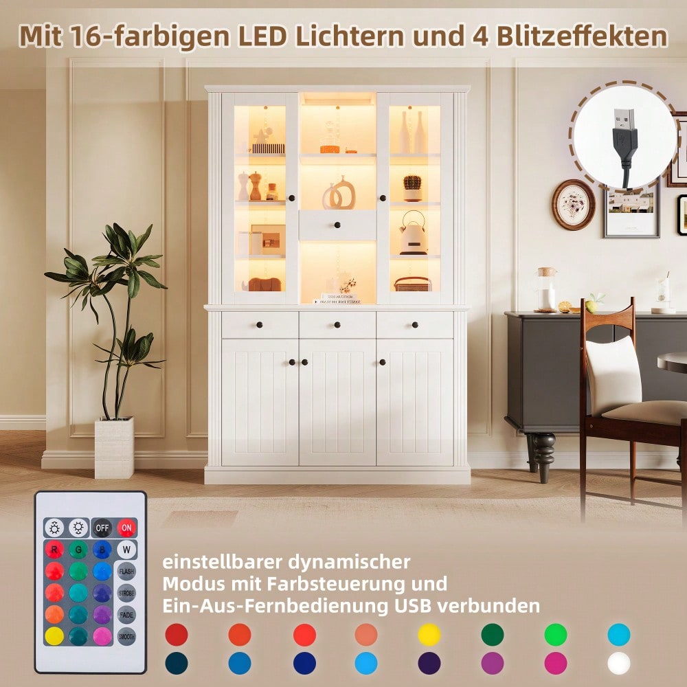 LED Vitrinenschrank 120x40x180 cm mit 16-Farben-Beleuchtung | Großschrank mit 4 Schubladen, 5 Türen & 21 Ablagefächern | Standvitrine aus MDF für Wohnzimmer