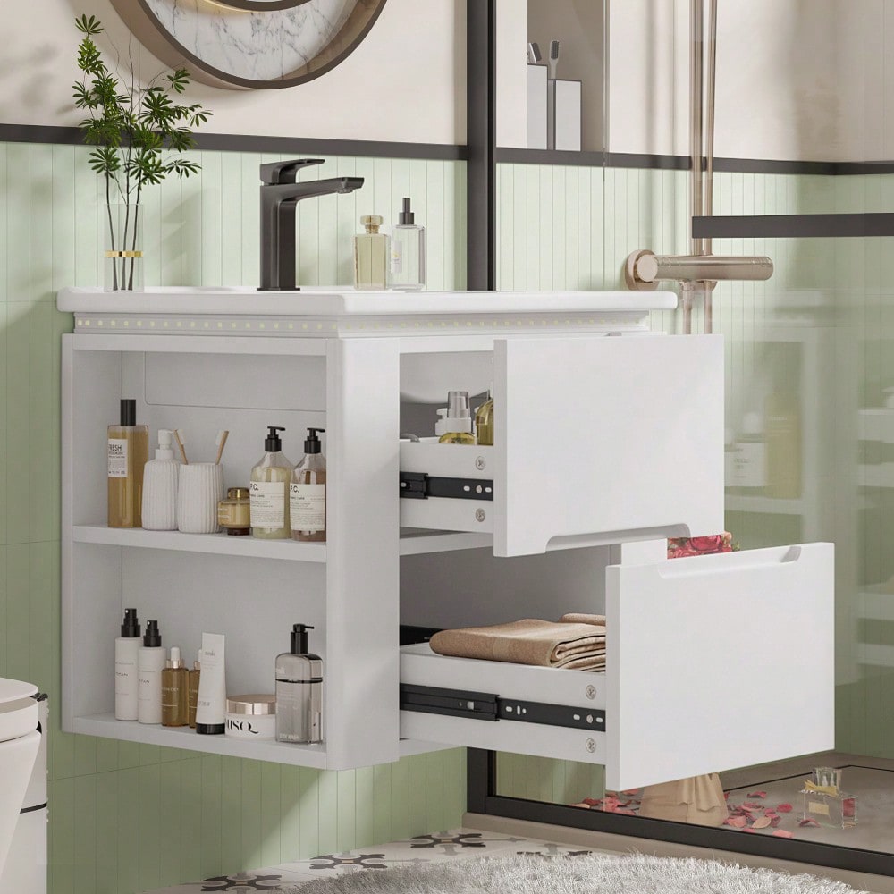 Wandhängender Badezimmerschrank mit integriertem Waschbecken, LED-Beleuchtung mit Radarsensor, 2 Schubladen & seitlichen Ablagen, 61x46x48,5 cm, weiß - inkl. Waschtisch