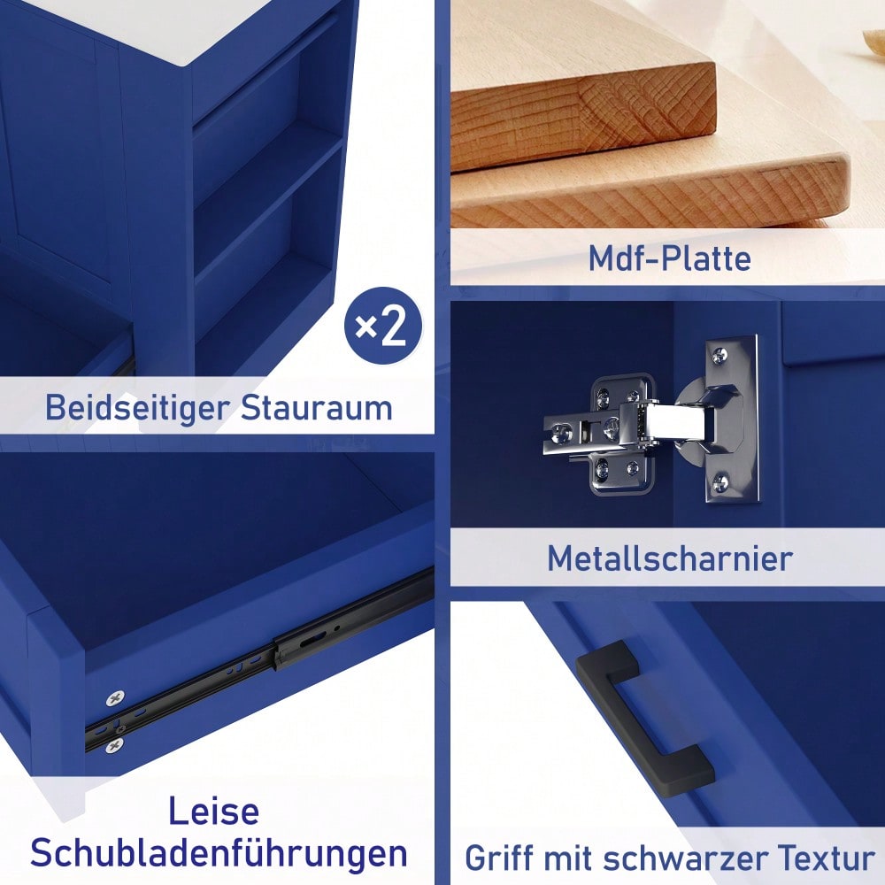 Badezimmerschrank mit Keramikwaschbecken, bodenstehend mit 2 Türen & geräuschlosen Schubladen, 76x46x78,5 cm, blau - inkl. Waschtisch & Seitenregalen