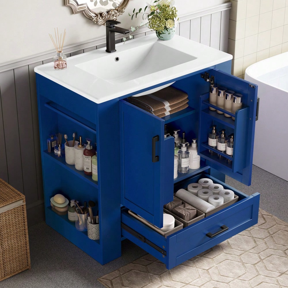 Badezimmerschrank mit Keramikwaschbecken, bodenstehend mit 2 Türen & geräuschlosen Schubladen, 76x46x78,5 cm, blau - inkl. Waschtisch & Seitenregalen