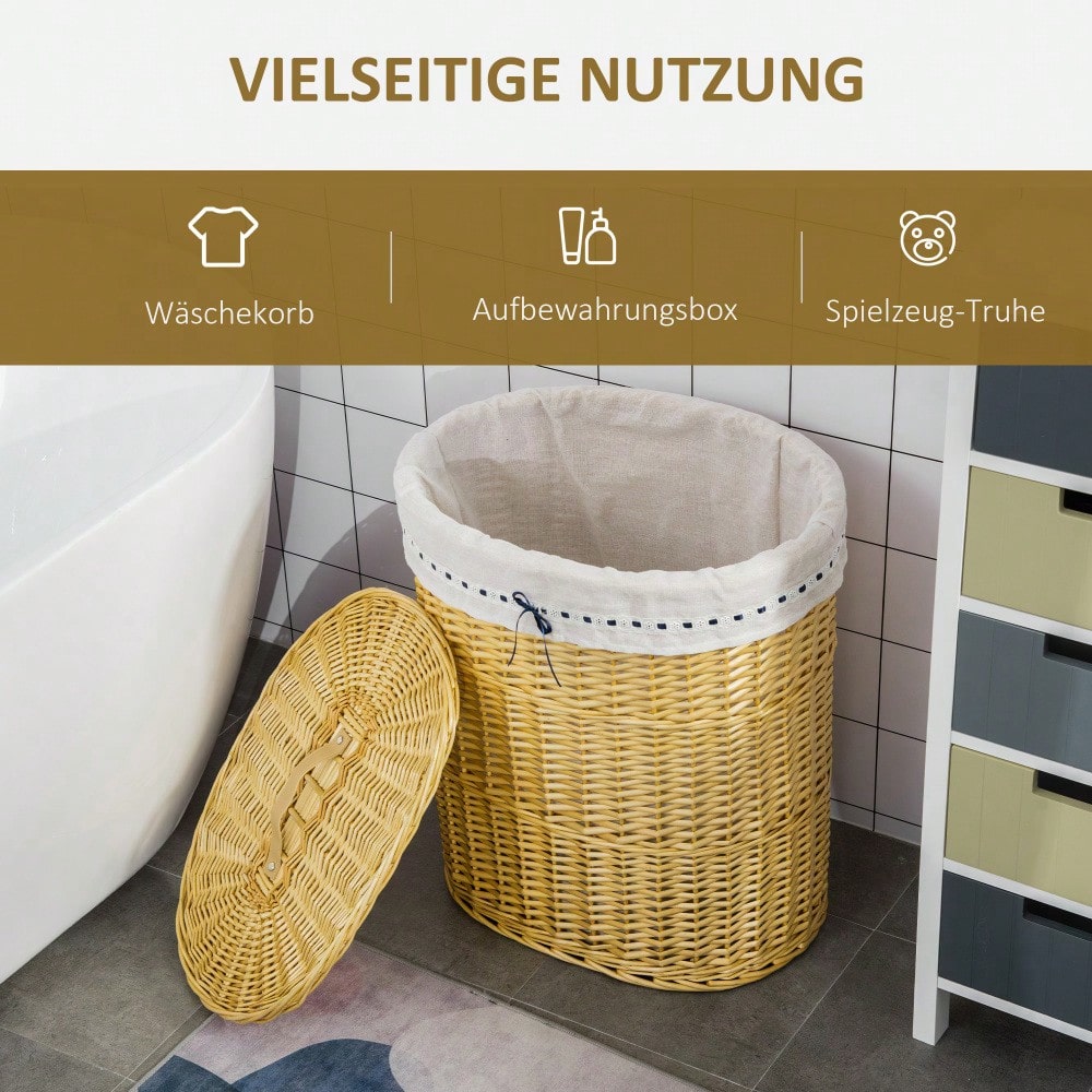 Weiden Wäschekorb 100-Liter mit Deckel, Naturfaser-Korb 51x38x57 cm für Schlafzimmer & Badezimmer - von HOMCOM