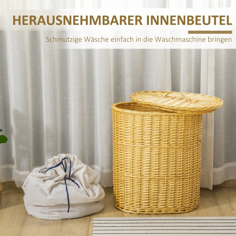 Weiden Wäschekorb 100-Liter mit Deckel, Naturfaser-Korb 51x38x57 cm für Schlafzimmer & Badezimmer - von HOMCOM
