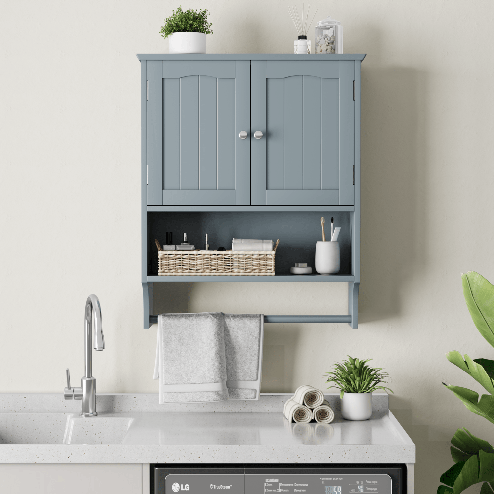 Wandschrank mit Handtuchhalter, 2 Türen & offenen Fächern, stabiler Medizinschrank für Bad