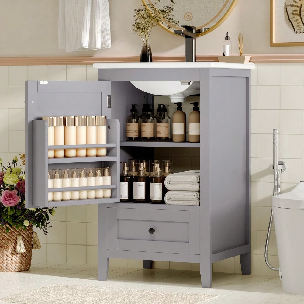 Badezimmerschrank mit Keramikwaschbecken, bodenstehend mit geräuschlosen Schubladen & verstellbaren Regalen, 51x46x85 cm, grau - von HOMCOM