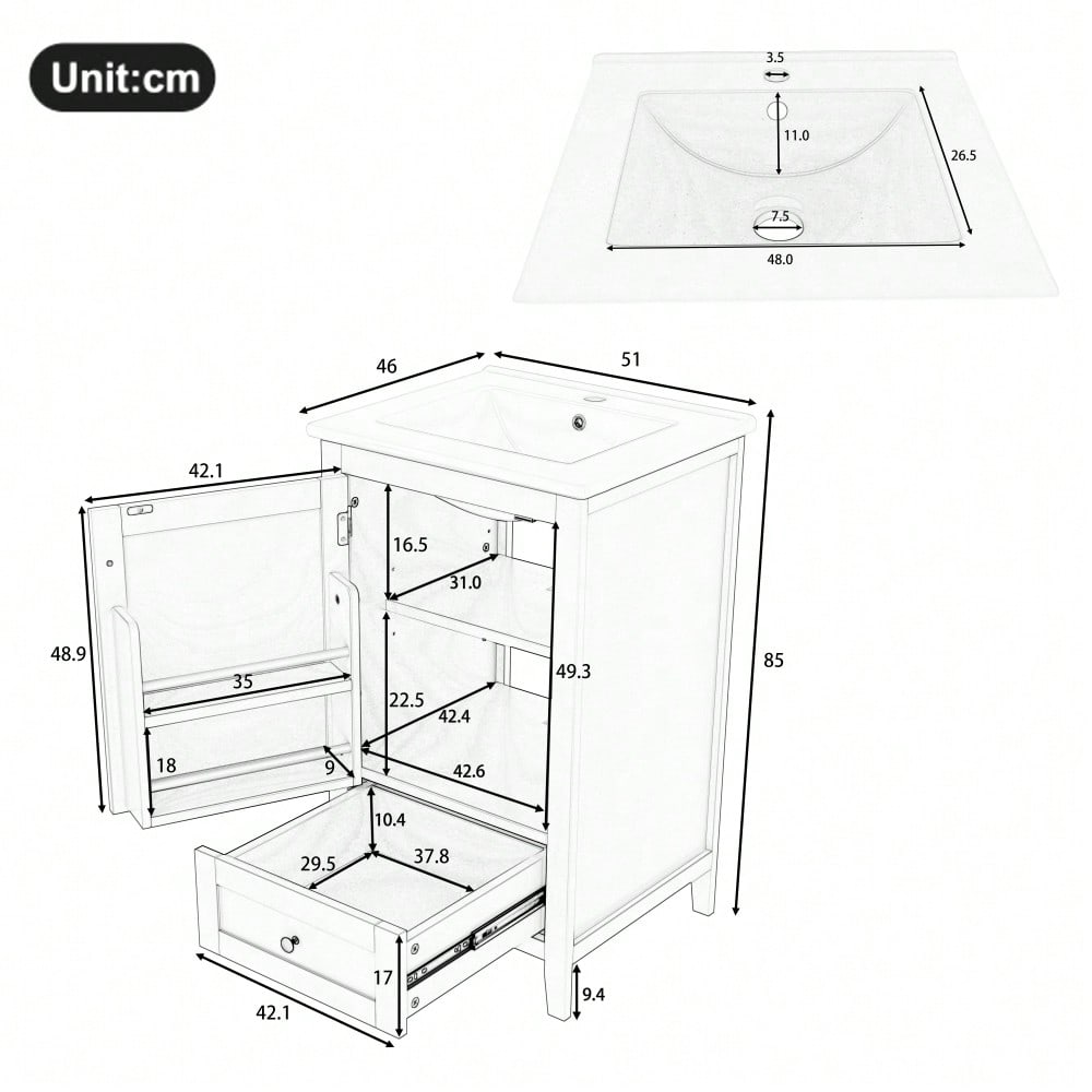 Badezimmerschrank mit Keramikwaschbecken, bodenstehend mit geräuschlosen Schubladen & verstellbaren Regalen, 51x46x85 cm, grau - von HOMCOM