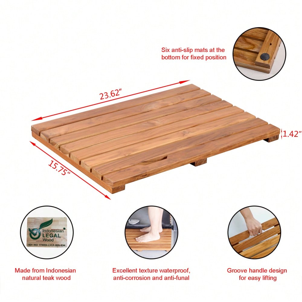 Teak Duschmatte 40x60 cm, rutschfeste Badematte aus Naturholz für Badewanne & Dusche, Luxus Spa Matte mit Antirutsch - Teak Wood
