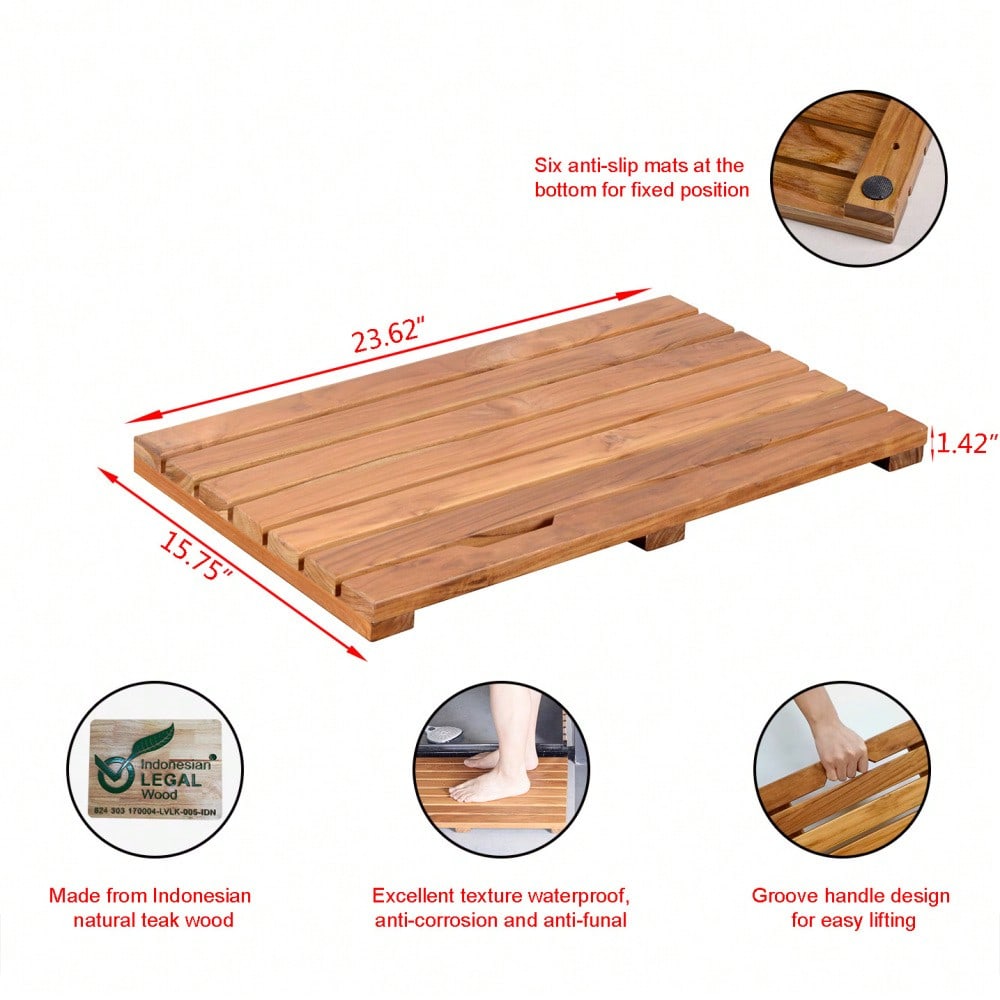Teak Duschmatte 40x60 cm, rutschfeste Badematte aus Naturholz für Badewanne & Dusche, Luxus Spa Matte mit Antirutsch - Teak Wood