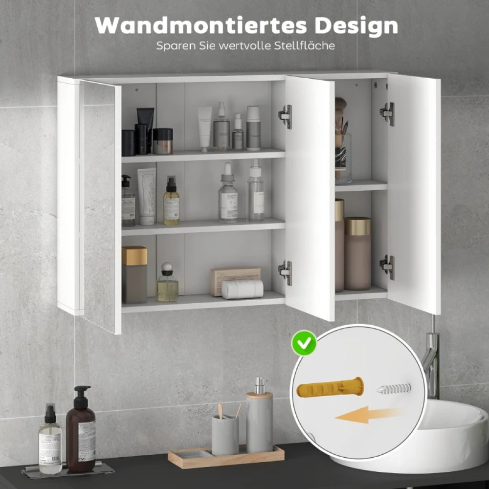 Spiegelschrank mit 3 Spiegeltüren für Badezimmer, Wandmontage 90x15,5x60 cm, aus Spanplatte, weiß - von HOMCOM