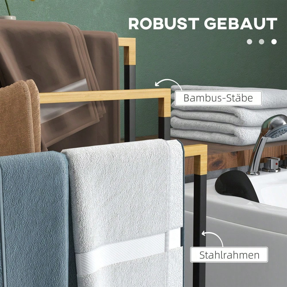Handtuchständer aus Stahl & Bambus mit 3 Stangen, Badetuchhalter für Badezimmer, schwarz - von kleankin