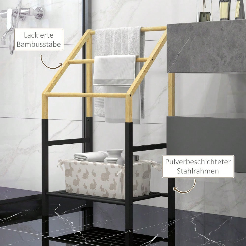 Handtuchständer freistehend mit Ablage & 3 Stangen, Badetuchhalter aus Metall für Badezimmer, 51x31x85,5 cm, natur - von HOMCOM